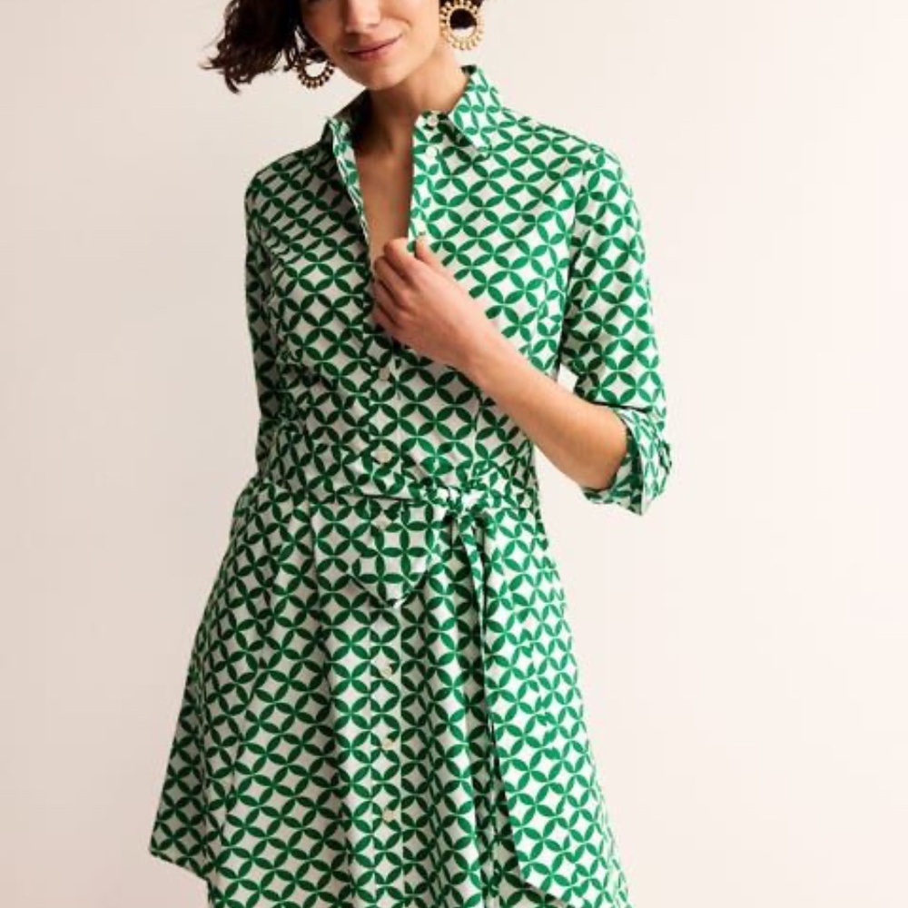Amy Cotton Short Shirt Dress from Boden (Green, Diamond Terrace Print)
